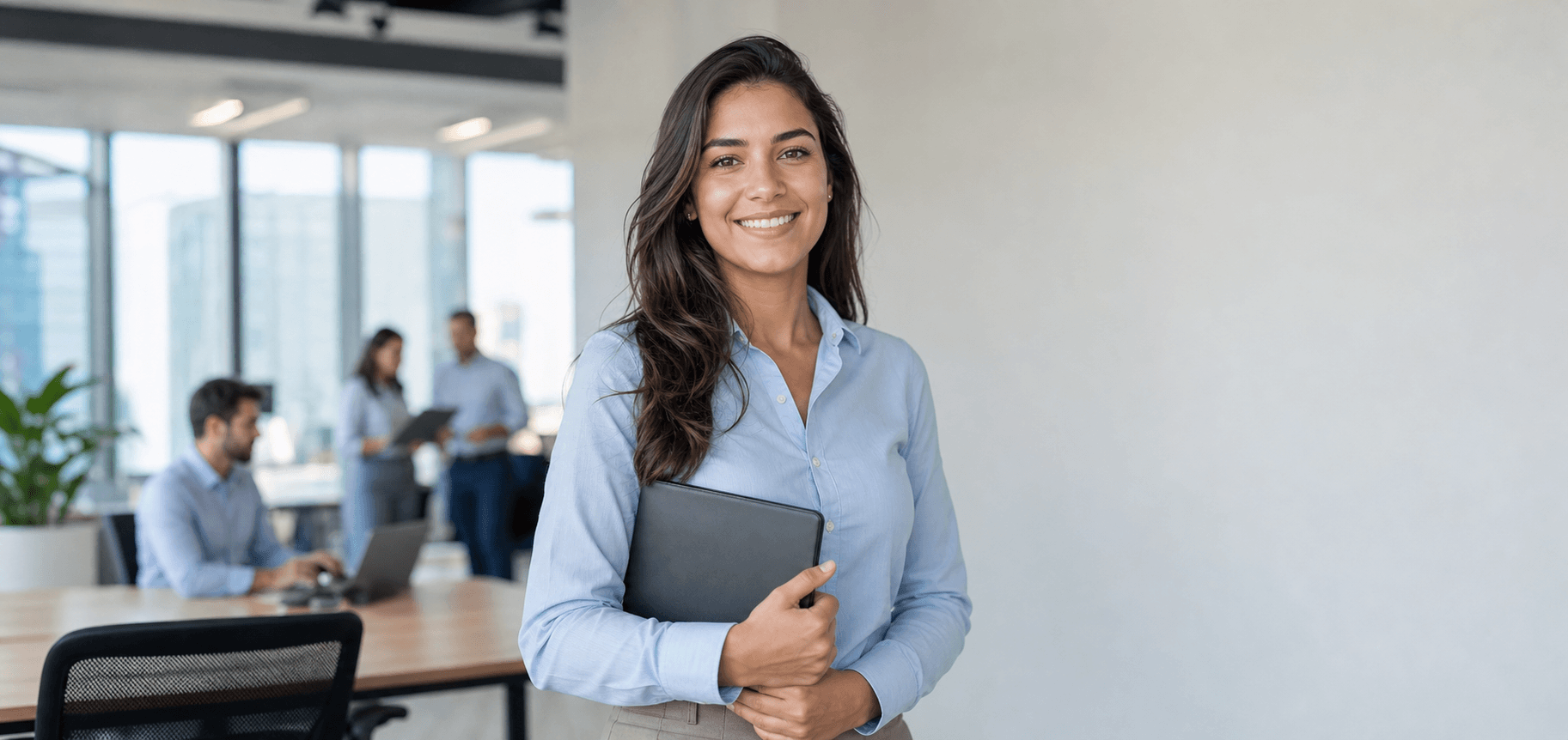 Profissional em escritório, pronta para novas oportunidades